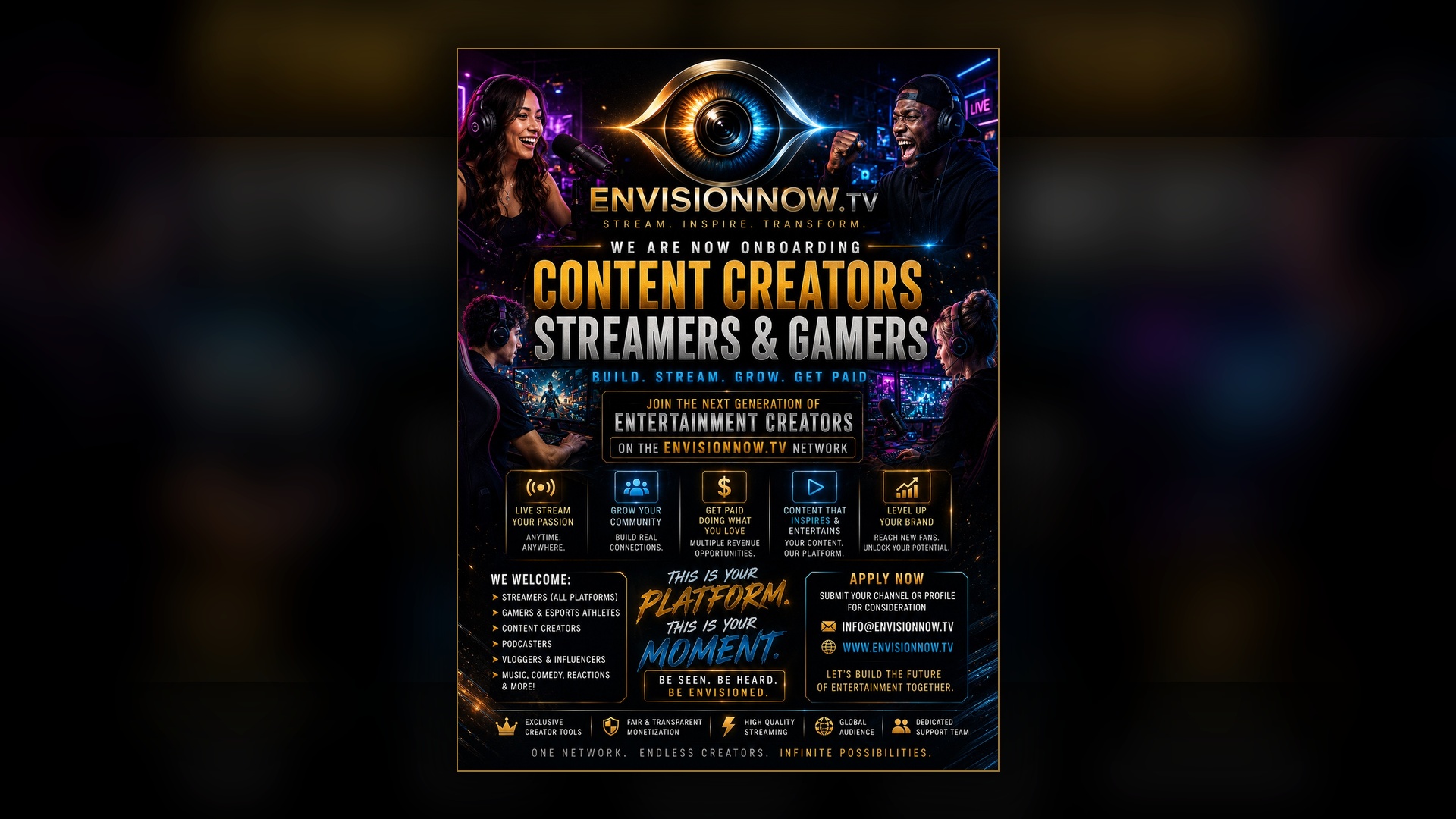 Creators, streamers, and gamers onboarding